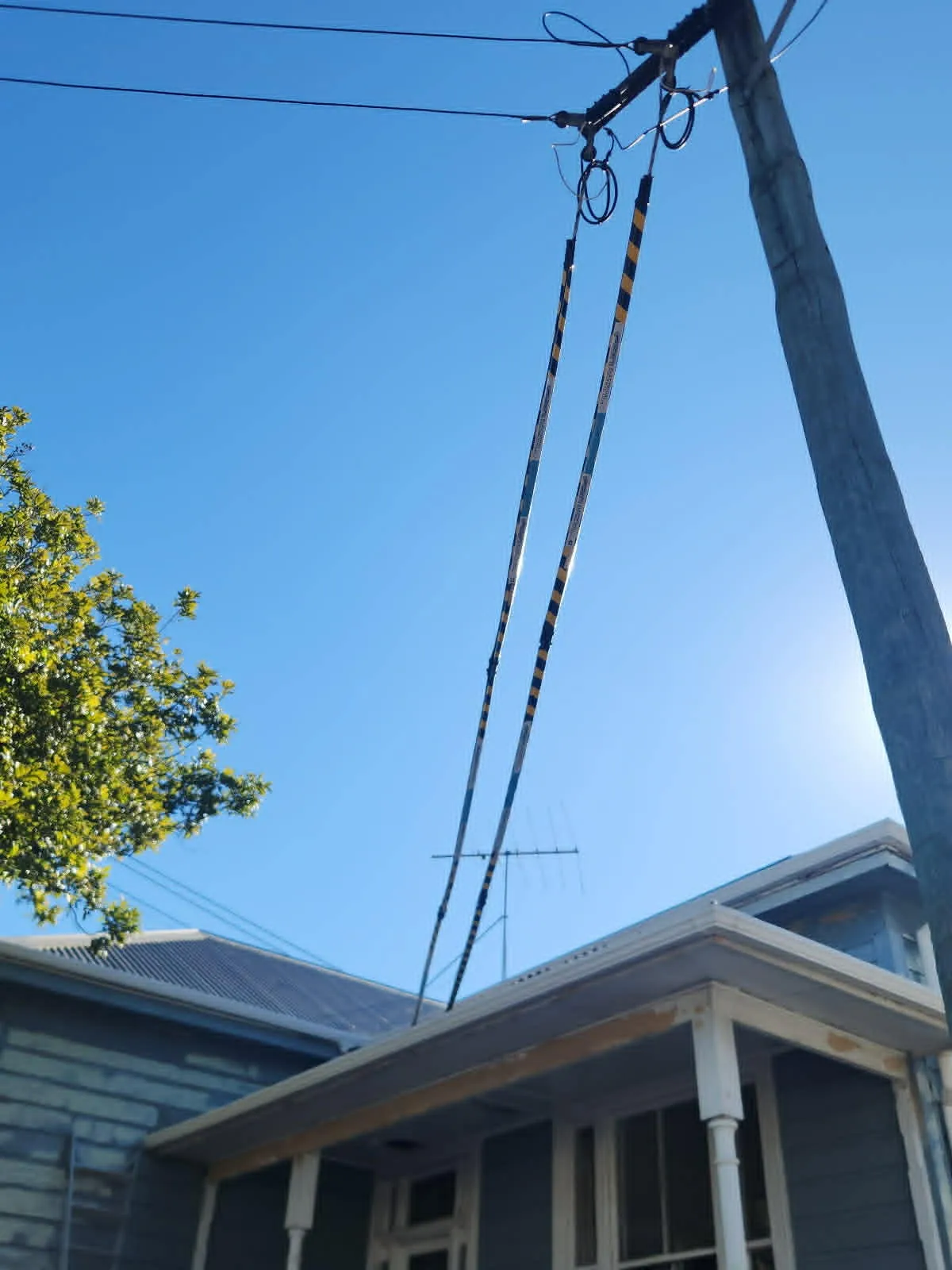 Tiger tails installed on overhead power lines at a pole above an Auckland villa
